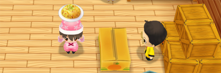 The farmer stands in front of Huang’s counter while holding Fried Rice. / Story of Seasons: Friends of Mineral Town