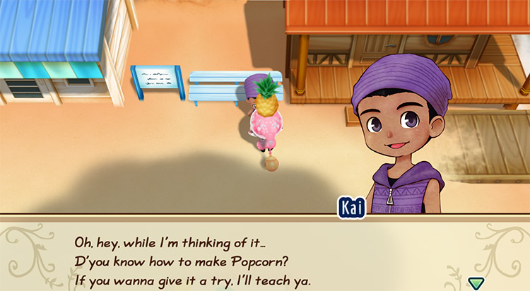 Kai offers to teach the farmer the recipe for Popcorn. / Story of Seasons: Friends of Mineral Town
