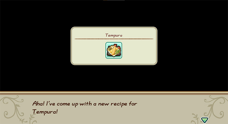 The farmer gets inspired to cook Tempura while in the kitchen. / Story of Seasons: Friends of Mineral Town