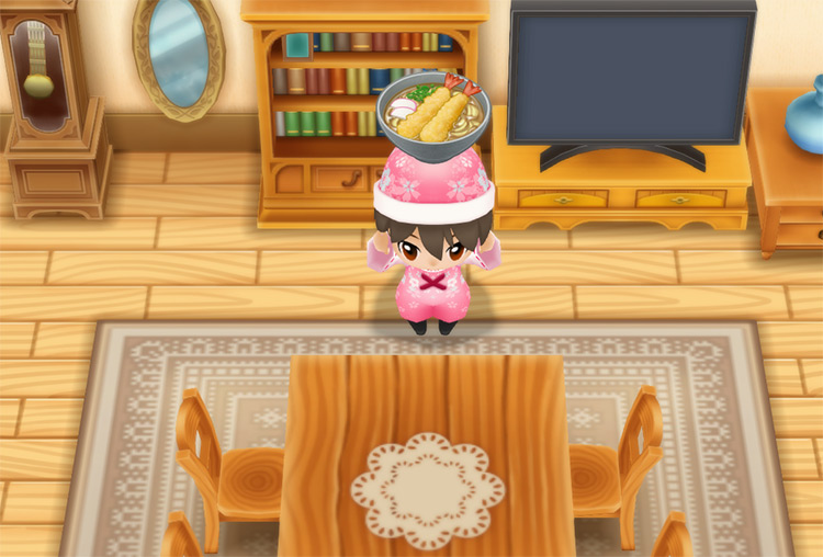 The farmer holds Tempura Udon in front of the Dining Table. / Story of Seasons: Friends of Mineral Town