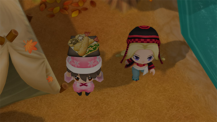 The farmer stands next to Jennifer while holding a plate of Tempura. / Story of Seasons: Friends of Mineral Town