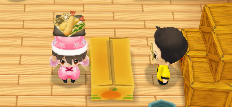 The farmer stands in front of Huang’s counter while holding a plate of Tempura. / Story of Seasons: Friends of Mineral Town