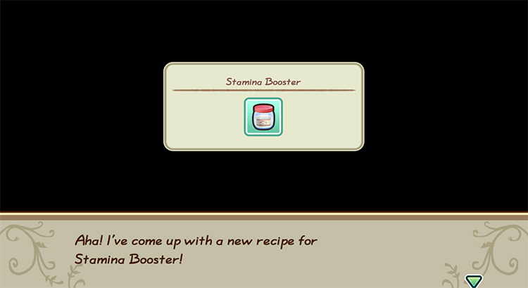 The farmer gets inspired to cook Stamina Booster while in the kitchen. / Story of Seasons: Friends of Mineral Town