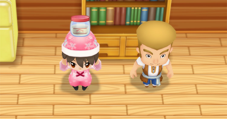 The farmer stands next to Zack while holding a bottle of Stamina Booster. / Story of Seasons: Friends of Mineral Town