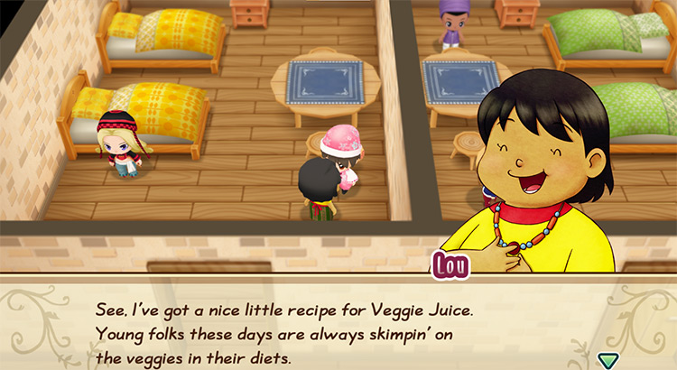 Lou offers to teach the farmer the recipe for Veggie Juice. / Story of Seasons: Friends of Mineral Town