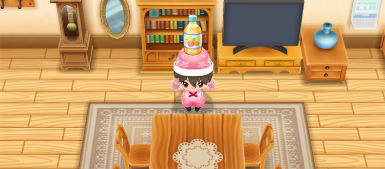The farmer holds a bottle of Mixed Juice in front of the dining table. / Story of Seasons: Friends of Mineral Town