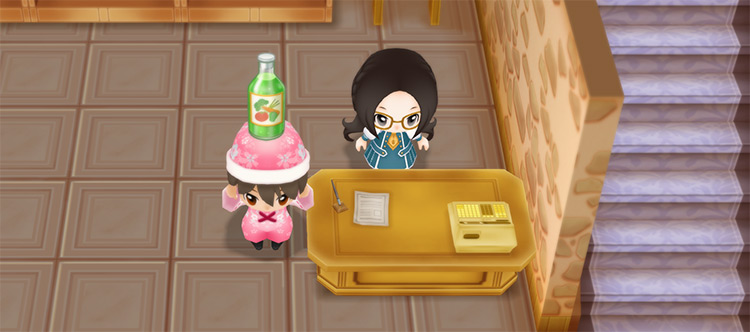 The farmer stands next to Marie while holding a glass of Veggie Juice. / Story of Seasons: Friends of Mineral Town