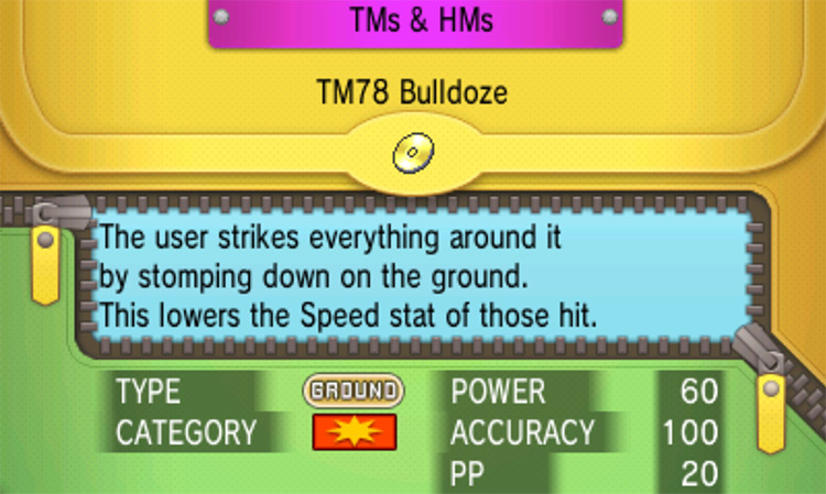 In-game details for TM78 Bulldoze / Pokémon Omega Ruby and Alpha Sapphire