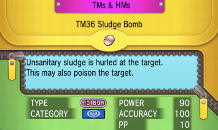 In-game details for TM36 Sludge Bomb / Pokémon Omega Ruby and Alpha Sapphire