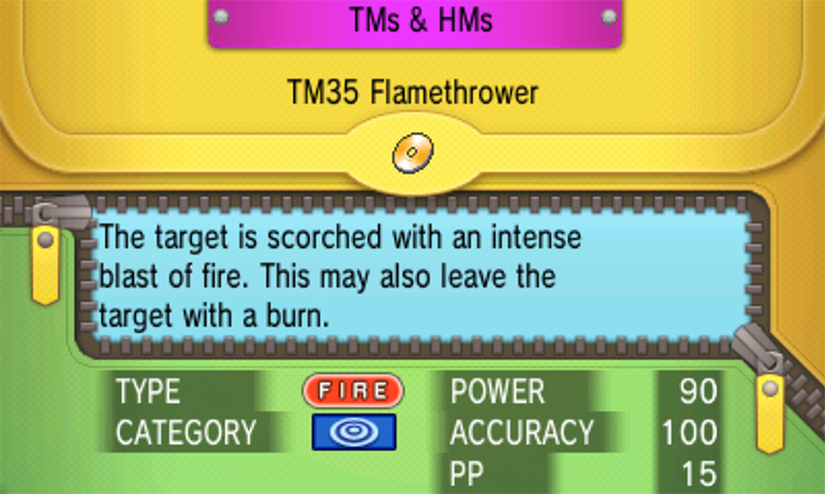 In-game details for TM35 Flamethrower / Pokémon Omega Ruby and Alpha Sapphire