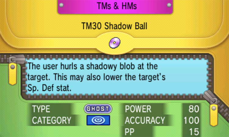 In-game details for TM30 Shadow Ball / Pokémon Omega Ruby and Alpha Sapphire