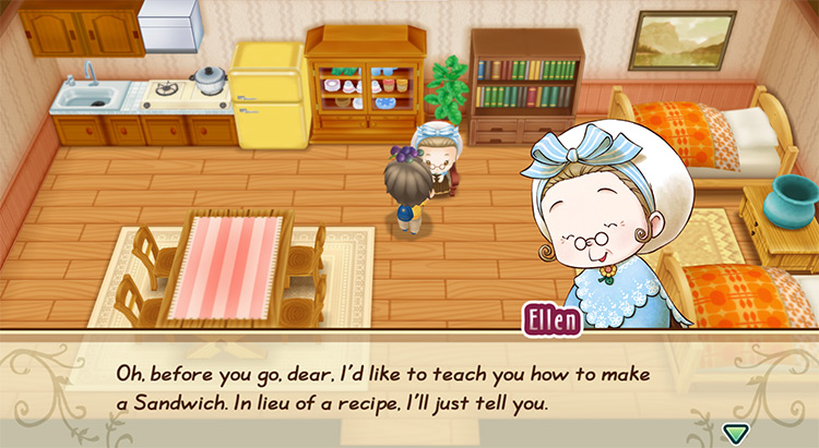 Ellen offers to teach the farmer the recipe for a Sandwich. / Story of Seasons: Friends of Mineral Town