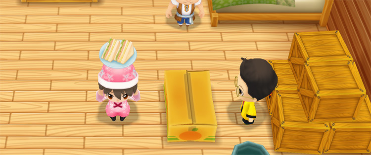 The farmer stands in front of Huang’s counter while holding a Sandwich. / Story of Seasons: Friends of Mineral Town