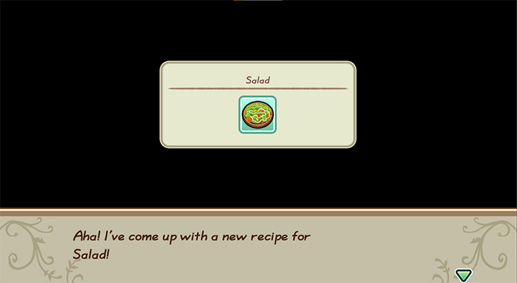 The farmer gets inspired to cook Salad while in the kitchen. / Story of Seasons: Friends of Mineral Town