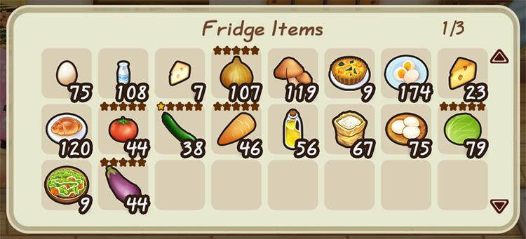 Interface of the fridge with the ingredient quality indicated. / Story of Seasons: Friends of Mineral Town