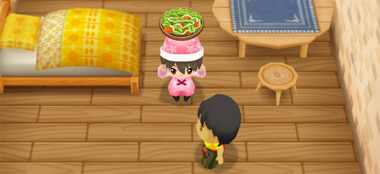 The farmer stands next to Lou while holding Salad. / Story of Seasons: Friends of Mineral Town