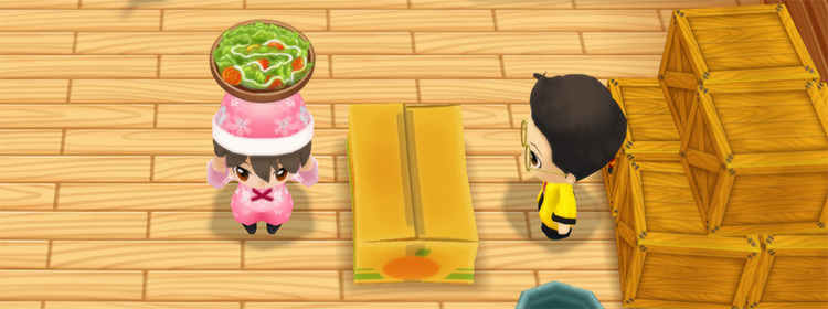The farmer stands in front of Huang’s counter while holding Salad. / Story of Seasons: Friends of Mineral Town