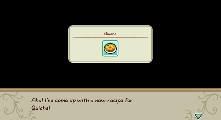 The farmer gets inspired to cook Quiche while in the kitchen. / Story of Seasons: Friends of Mineral Town