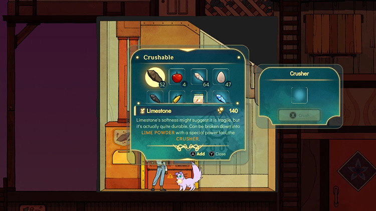 After interacting with the Crusher, your inventory will show which materials you can crush. / Spiritfarer